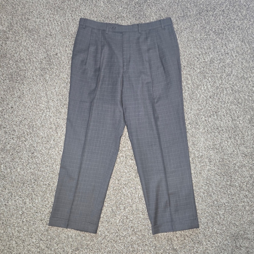 Lauren Ralph Lauren Mens 38x30 Wool Gray Windowpane Plaid Pleated Cuffed Pants
